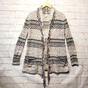 Vanity Open Front Cardigan Sweater Womens Small Maroon White Fringe Boho‎ Aztec
